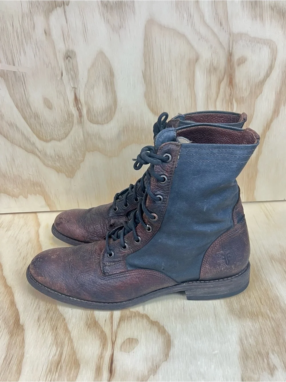 Frye Brown and Black Leather and Canvas Lace-Up Combat Boots